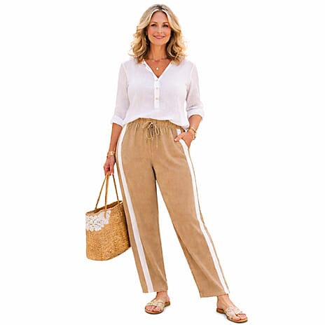 Pure And Natural Ladies Striped Trousers (Size L) - Taupe & Off White