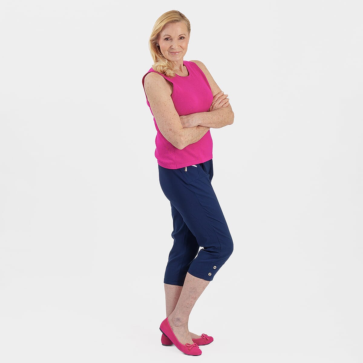 Pure and Natural Elasticated Waist Cropped Stretched Trousers with 20Inch Inseam (Size 12) - Navy
