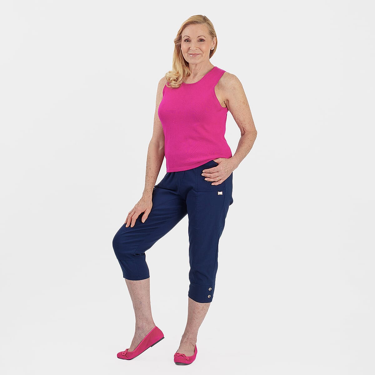 Pure And Natural Ladies High Stretch Elasticated Waist Cropped Trousers With 19Inch Inseam (Size 10) - Navy