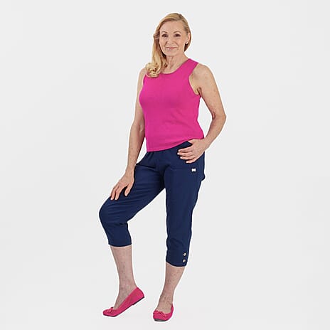 Pure and Natural Elasticated Waist Cropped Stretched Trousers with 20Inch Inseam (Size 10) - Navy