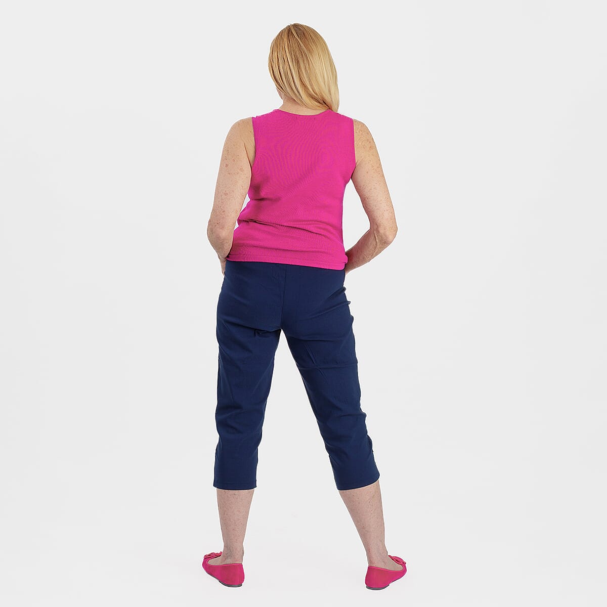Pure And Natural Ladies High Stretch Elasticated Waist Cropped Trousers With 19Inch Inseam (Size 10) - Navy