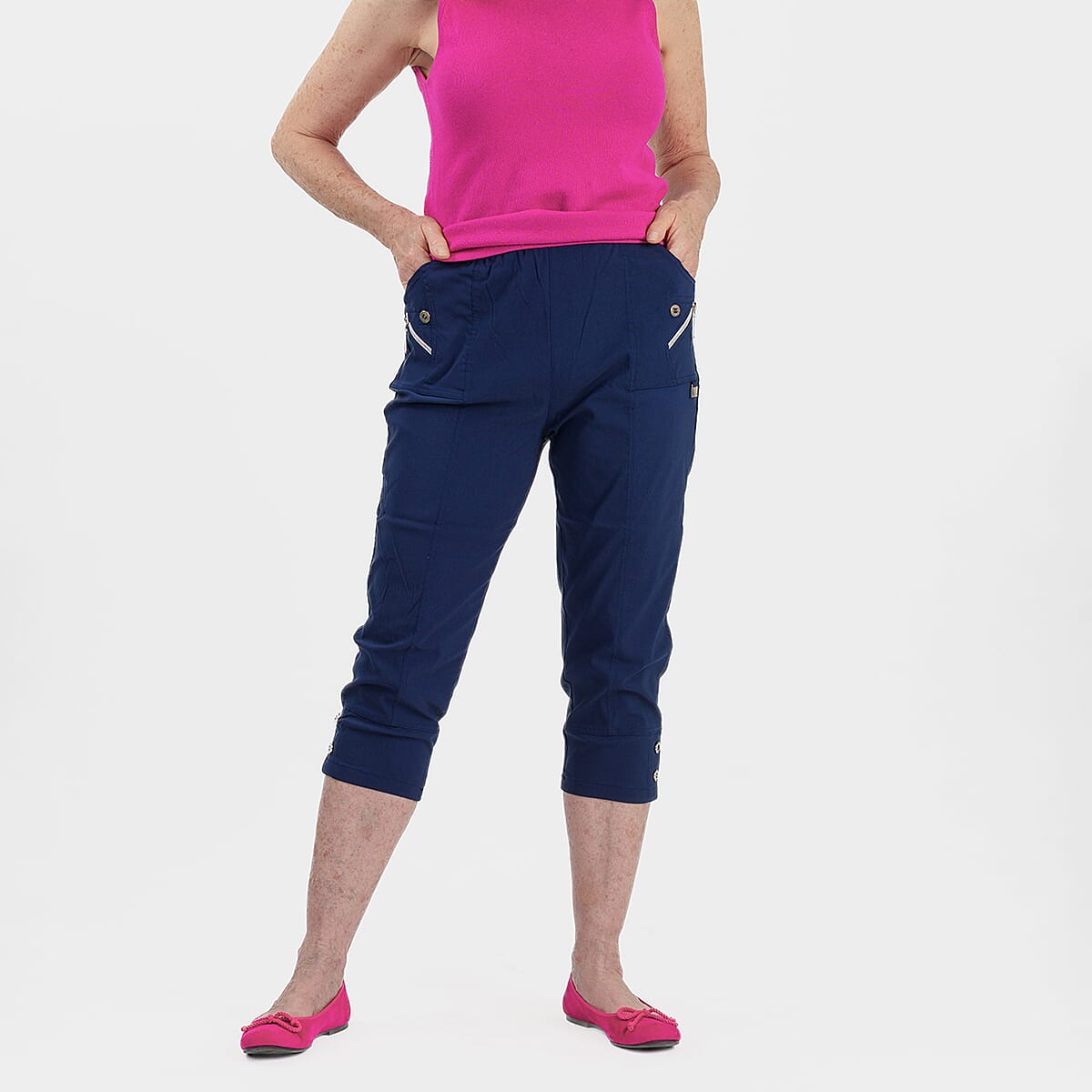 Pure And Natural Ladies High Stretch Elasticated Waist Cropped Trousers With 19Inch Inseam (Size 14) - Navy