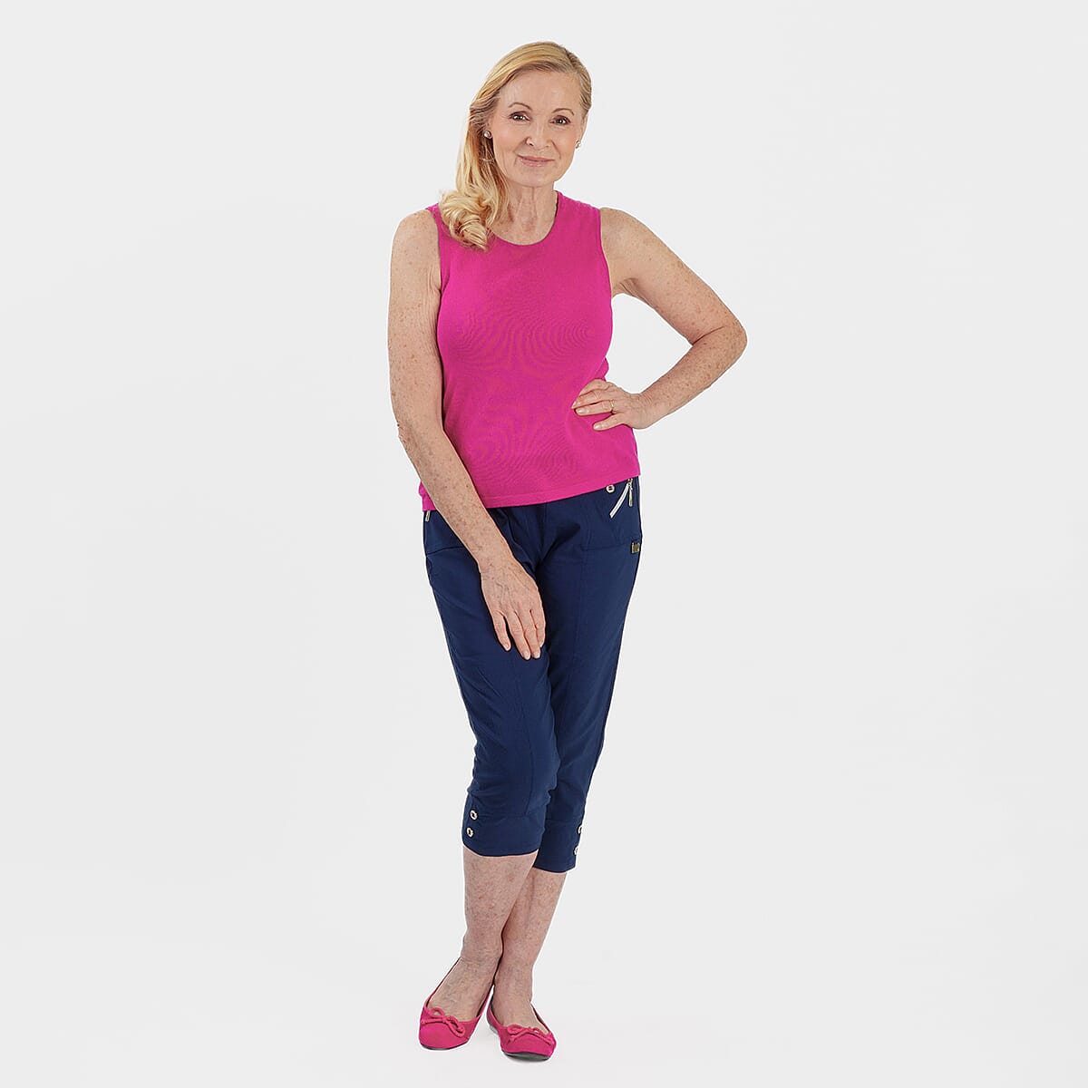 Pure And Natural Ladies High Stretch Elasticated Waist Cropped Trousers With 19Inch Inseam (Size 14) - Navy