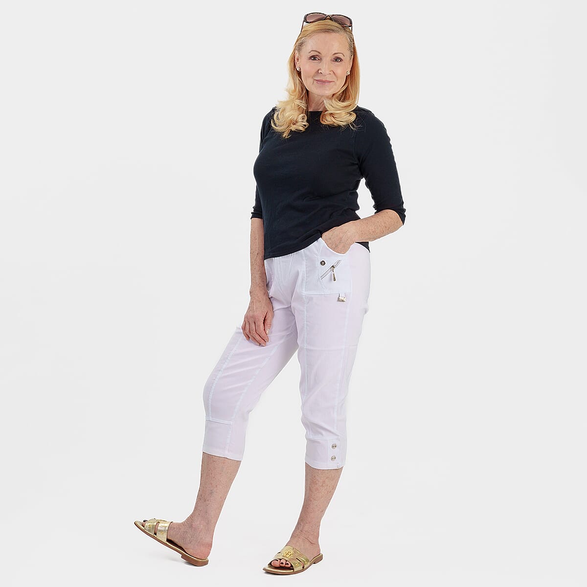 Pure And Natural Ladies High Stretch Elasticated Waist Cropped Trousers With 19Inch Inseam (Size 12) - White