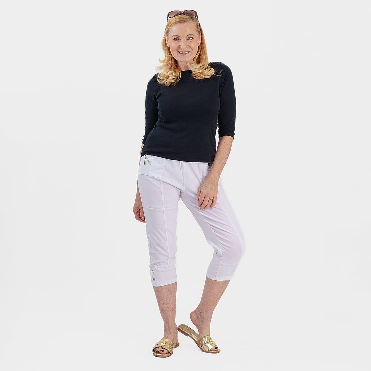 Pure And Natural Ladies High Stretch Elasticated Waist Cropped Trousers With 19Inch Inseam (Size 10) - White