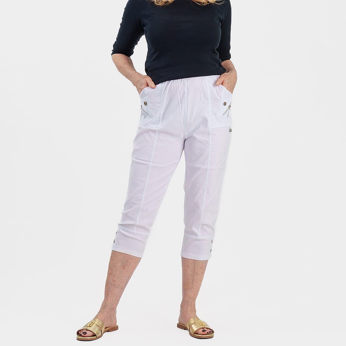 Pure and Natural Elasticated Waist Cropped Stretched Trousers with 20Inch Inseam (Size 16) - White