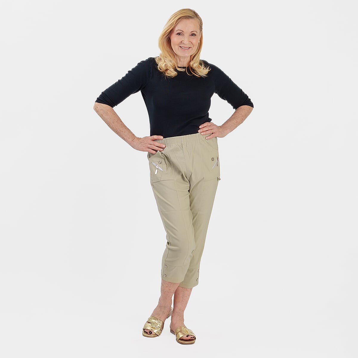 Pure And Natural Ladies High Stretch Elasticated Waist Cropped Trousers With 19Inch Inseam (Size 14) - Sage Green