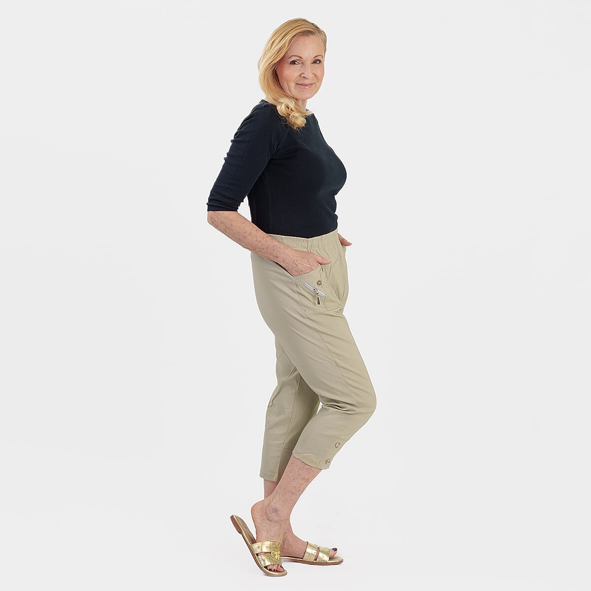 Pure And Natural Ladies High Stretch Elasticated Waist Cropped Trousers With 19Inch Inseam (Size 14) - Sage Green