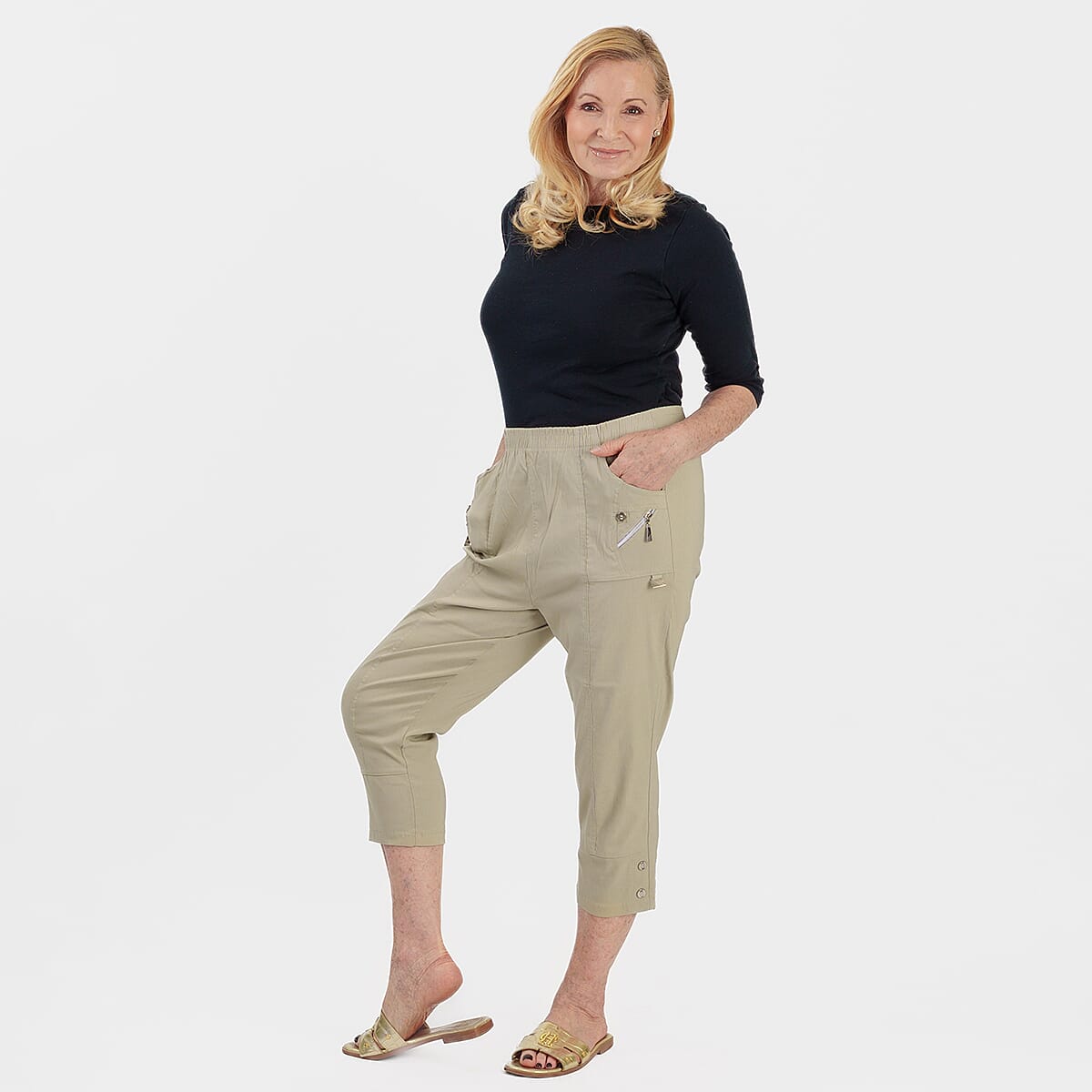Pure And Natural Ladies High Stretch Elasticated Waist Cropped Trousers With 19Inch Inseam (Size 20) - Sage Green