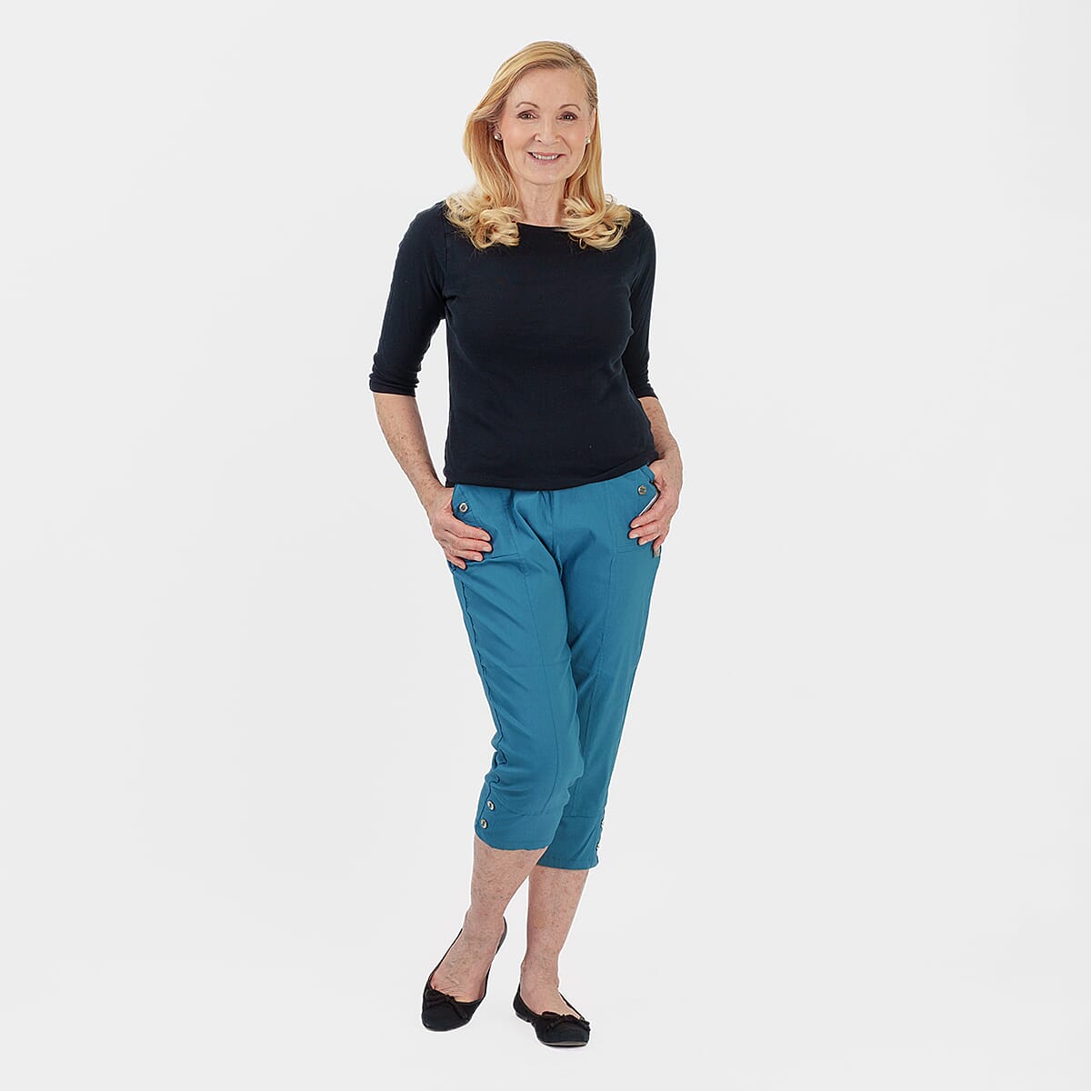 Pure And Natural Ladies High Stretch Elasticated Waist Cropped Trousers With 19Inch Inseam (Size 12) - Teal