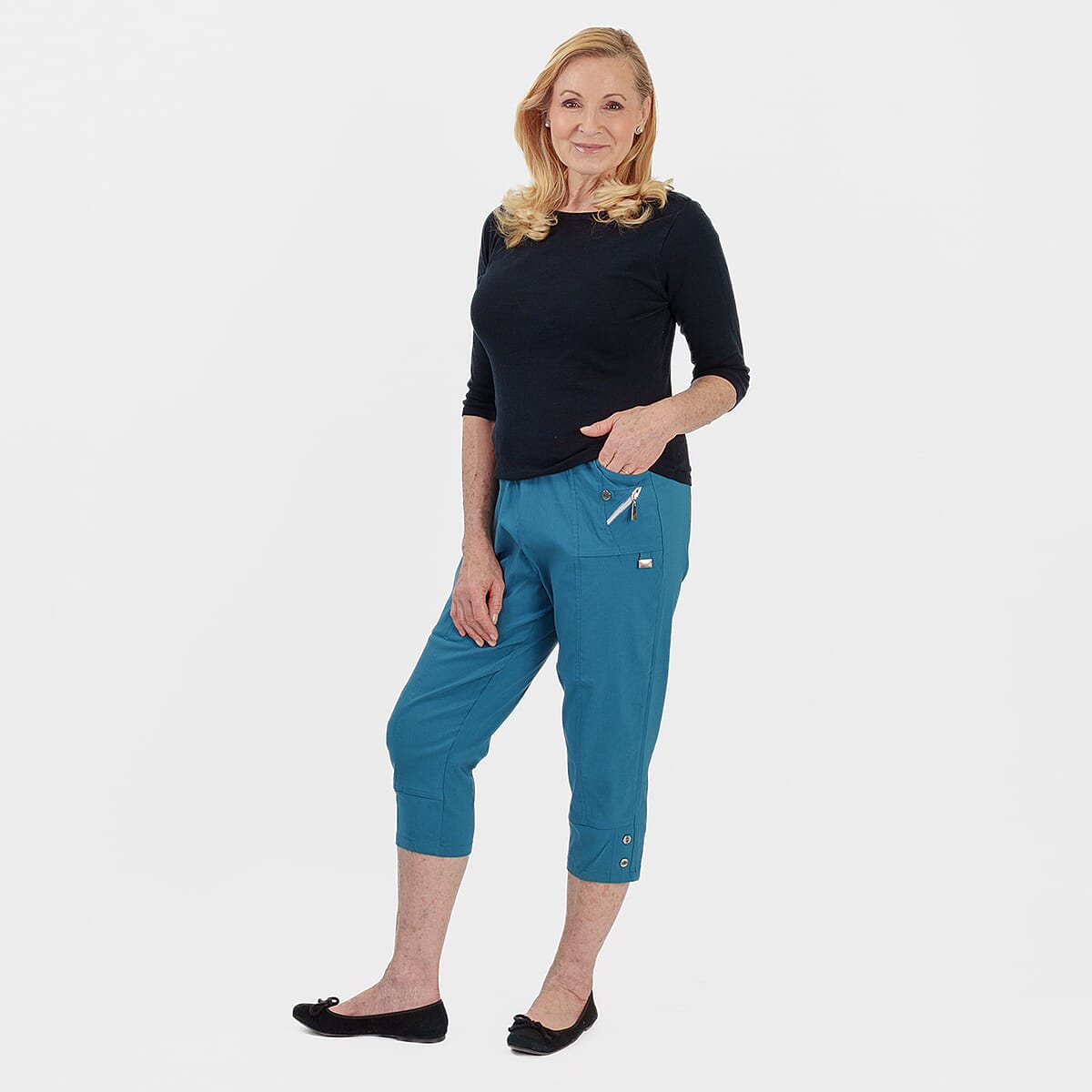 Pure and Natural Elasticated Waist Cropped Stretched Trousers with 20Inch Inseam (Size 10) - Teal
