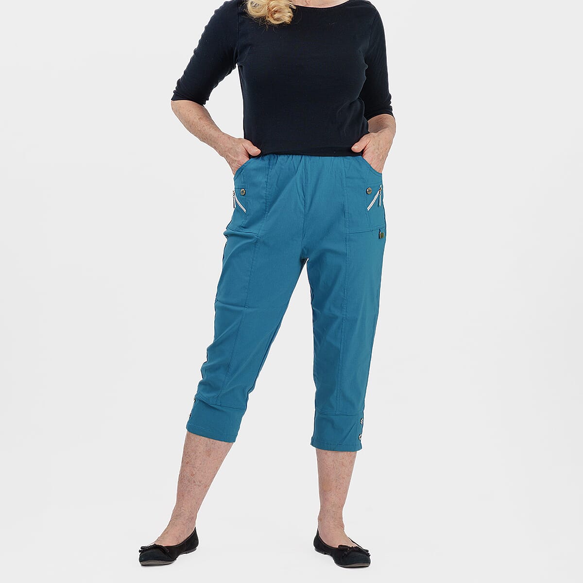 Pure And Natural Ladies High Stretch Elasticated Waist Cropped Trousers With 19Inch Inseam (Size 16) - Teal