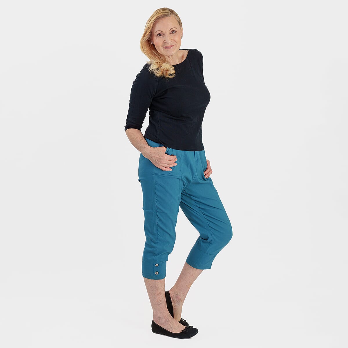 Pure And Natural Ladies High Stretch Elasticated Waist Cropped Trousers With 19Inch Inseam (Size 16) - Teal