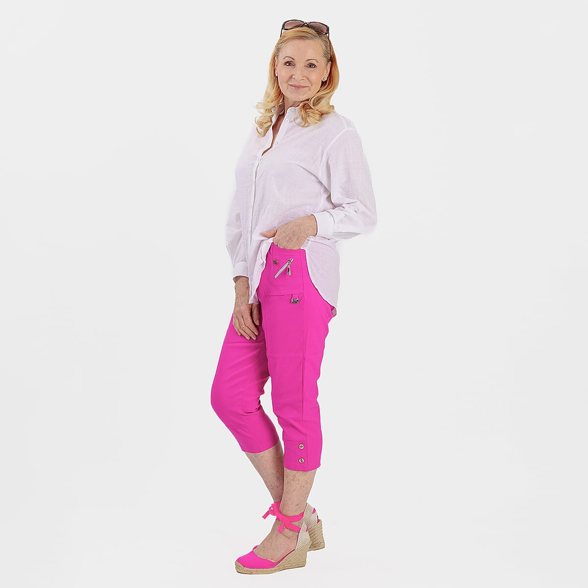 Pure And Natural Ladies High Stretch Elasticated Waist Cropped Trousers With 19Inch Inseam (Size 10) - Rose Pink