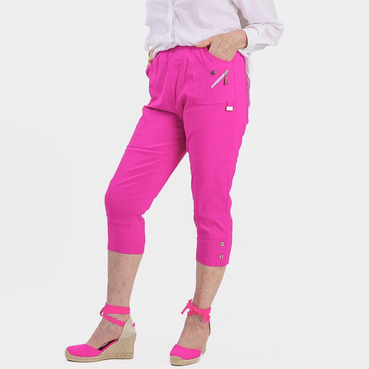 Pure And Natural Ladies High Stretch Elasticated Waist Cropped Trousers With 19Inch Inseam (Size 18) - Rose Pink