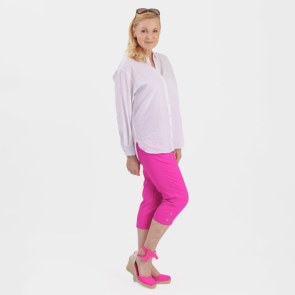 Pure And Natural Ladies High Stretch Elasticated Waist Cropped Trousers With 19Inch Inseam (Size 18) - Rose Pink