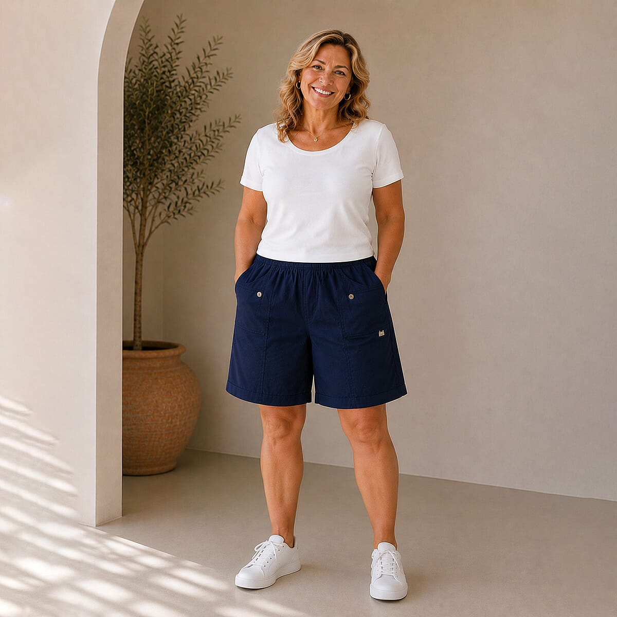 Pure And Natural Ladies Elasticated Waist Stretch Shorts (Size 10) - Navy