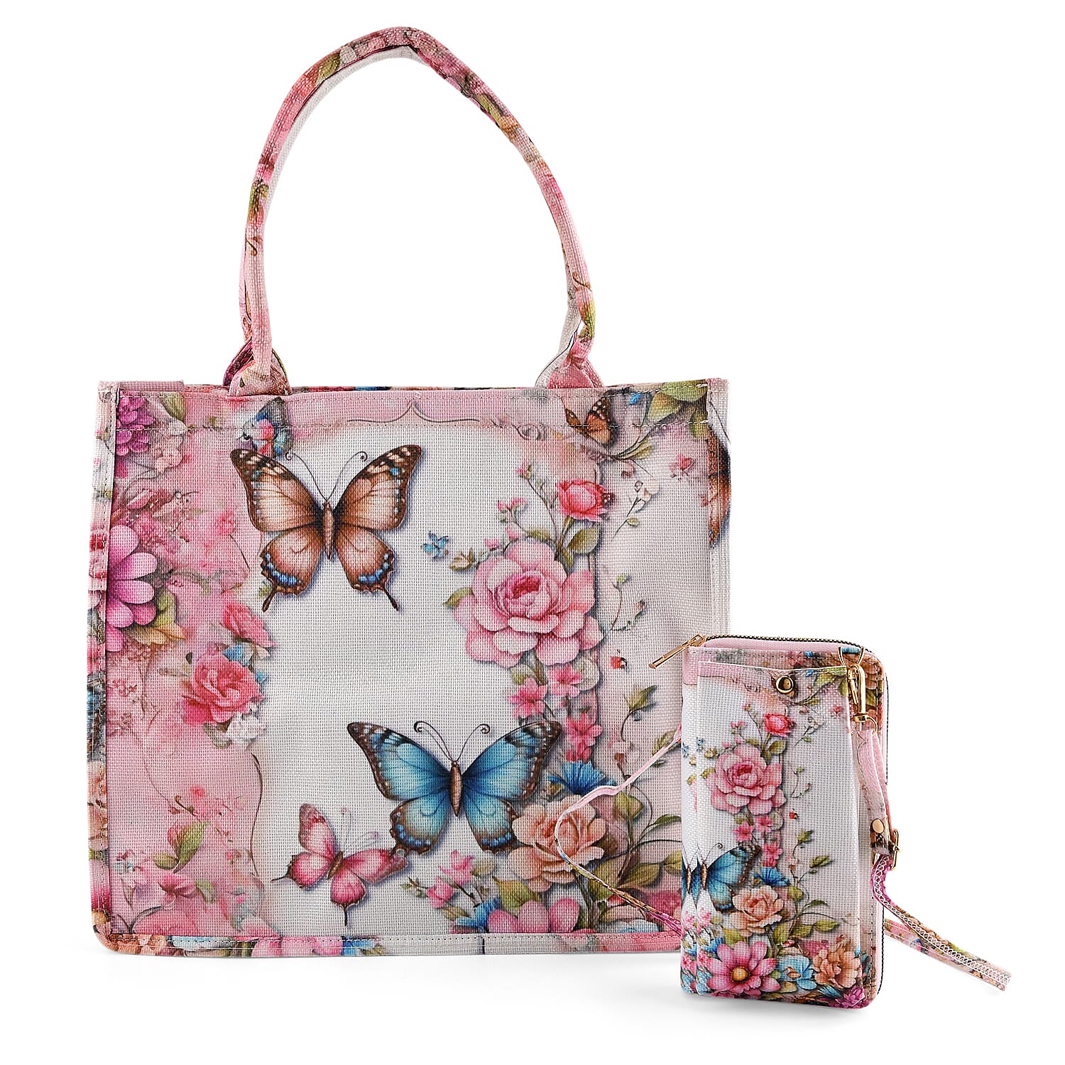 Set of 2 - Butterfly & Flower Palm Print RFID Blocking Tote Bag & Cellphone Purse - Multi-Colour