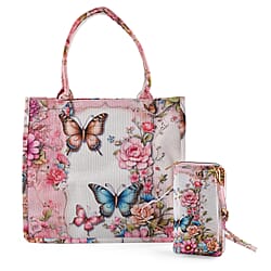 Set of 2 - Butterfly & Flower Palm Print RFID Blocking Tote Bag & Cellphone Purse - Multi-Colour