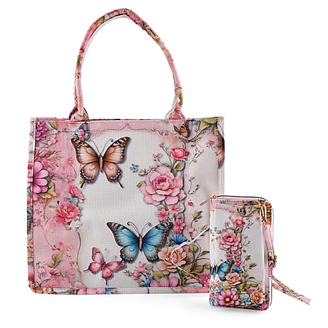Set of 2 - Butterfly & Flower Palm Print RFID Blocking Tote Bag & Cellphone Purse - Multi-Colour