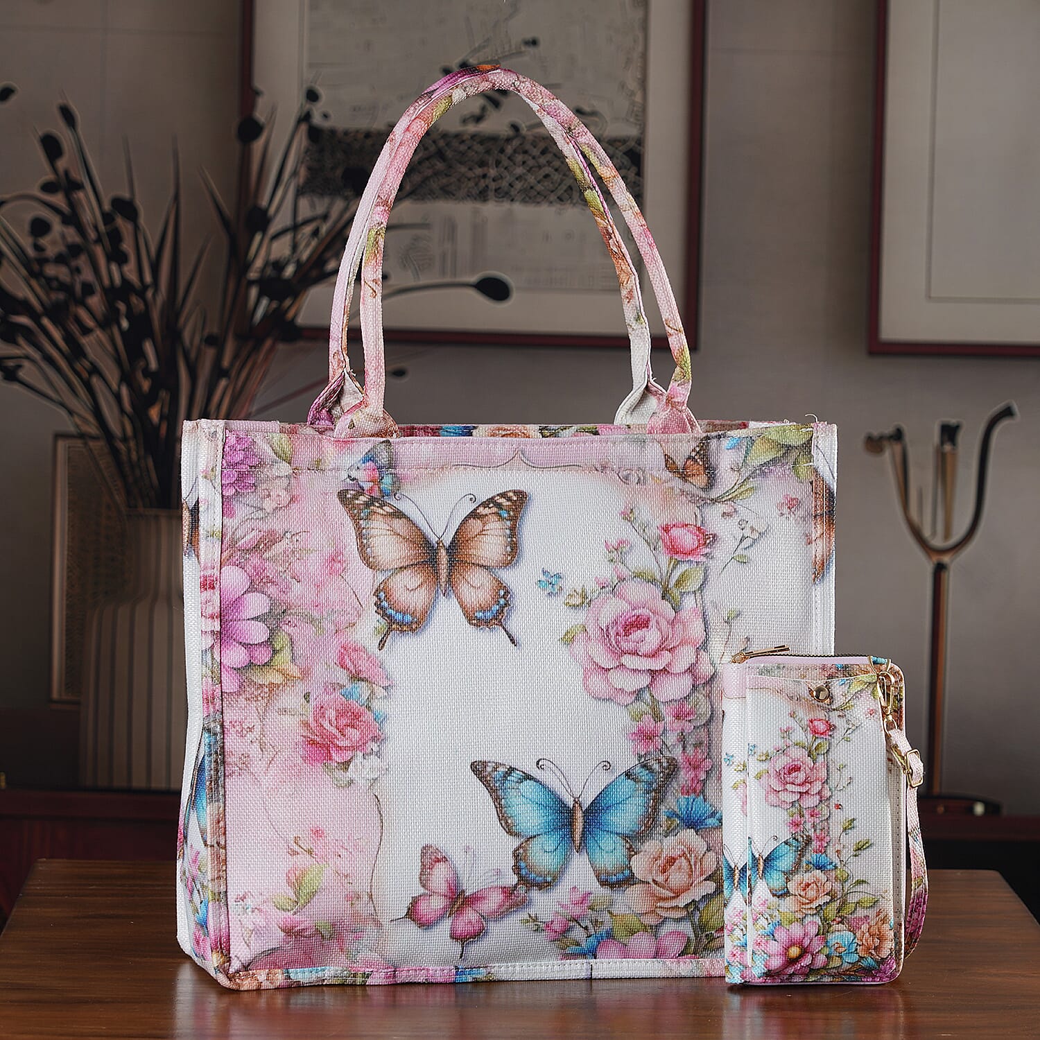 Set of 2 - Butterfly & Flower Palm Print RFID Blocking Tote Bag & Cellphone Purse - Multi-Colour