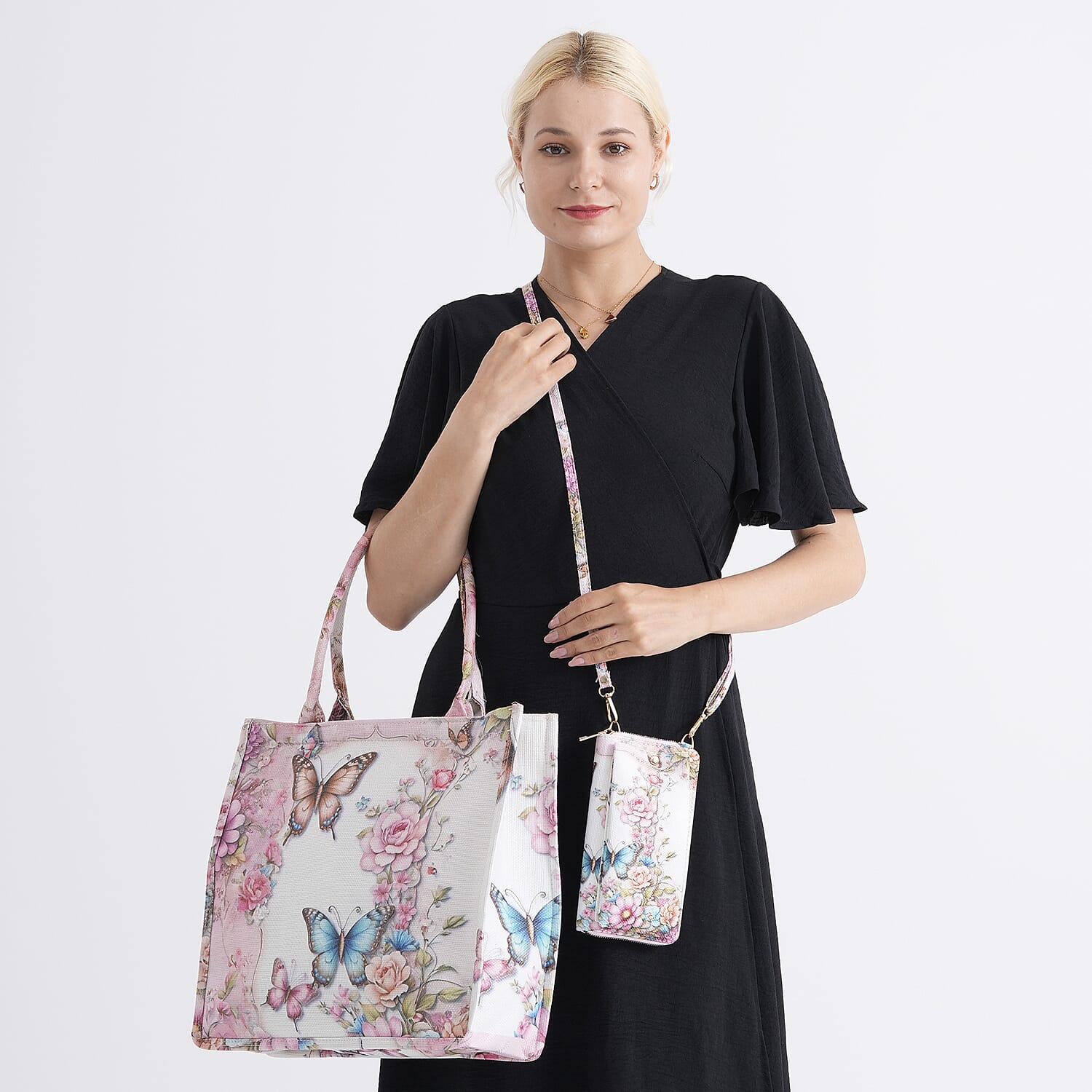 Set of 2 - Butterfly & Flower Palm Print RFID Blocking Tote Bag & Cellphone Purse - Multi-Colour