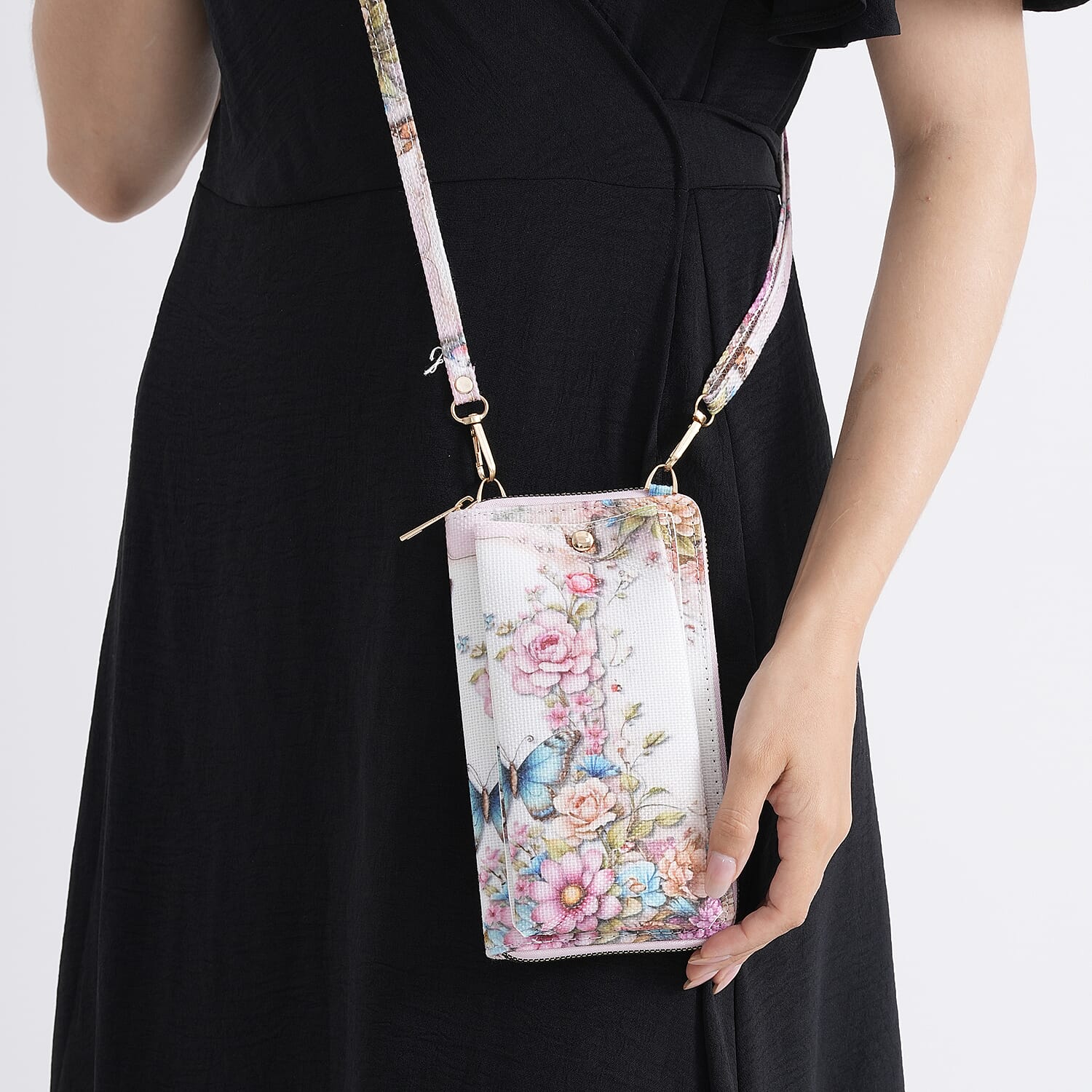 Set of 2 - Butterfly & Flower Palm Print RFID Blocking Tote Bag & Cellphone Purse - Multi-Colour