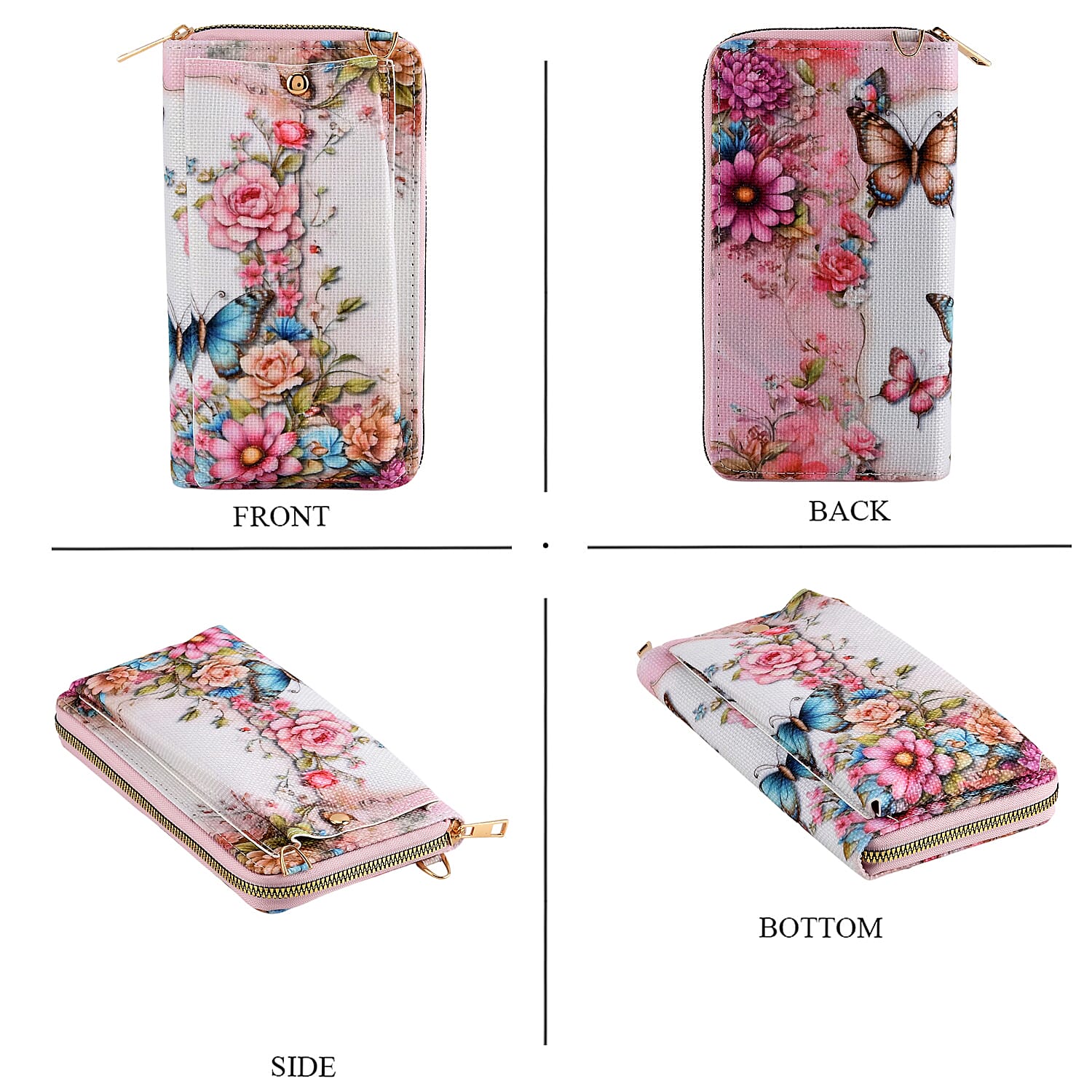 Set of 2 - Butterfly & Flower Palm Print RFID Blocking Tote Bag & Cellphone Purse - Multi-Colour