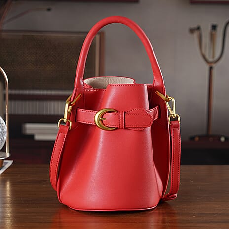 Designer Inspired Genuine Leather Bucket Bag with Internal Drawstring Pouch & Shoulder Strap - Brick Red