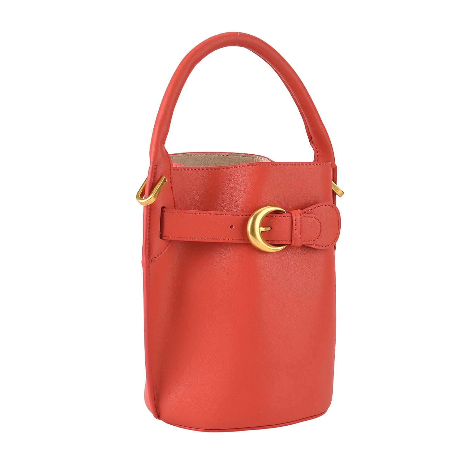 Designer Inspired Genuine Leather Bucket Bag with Internal Drawstring Pouch & Shoulder Strap - Brick Red