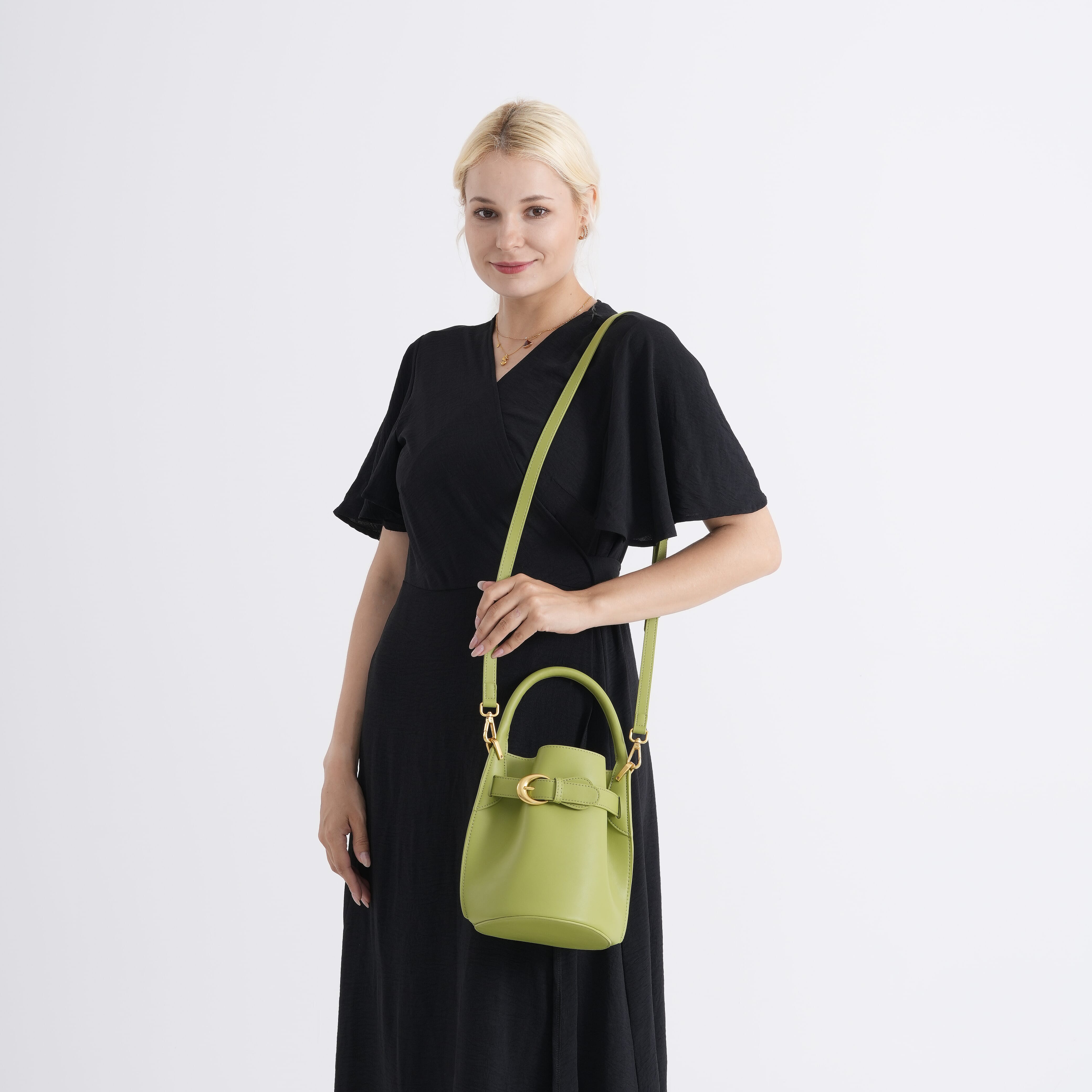 Designer Inspired Genuine Leather Bucket Bag with Internal Drawstring Pouch & Shoulder Strap - Green