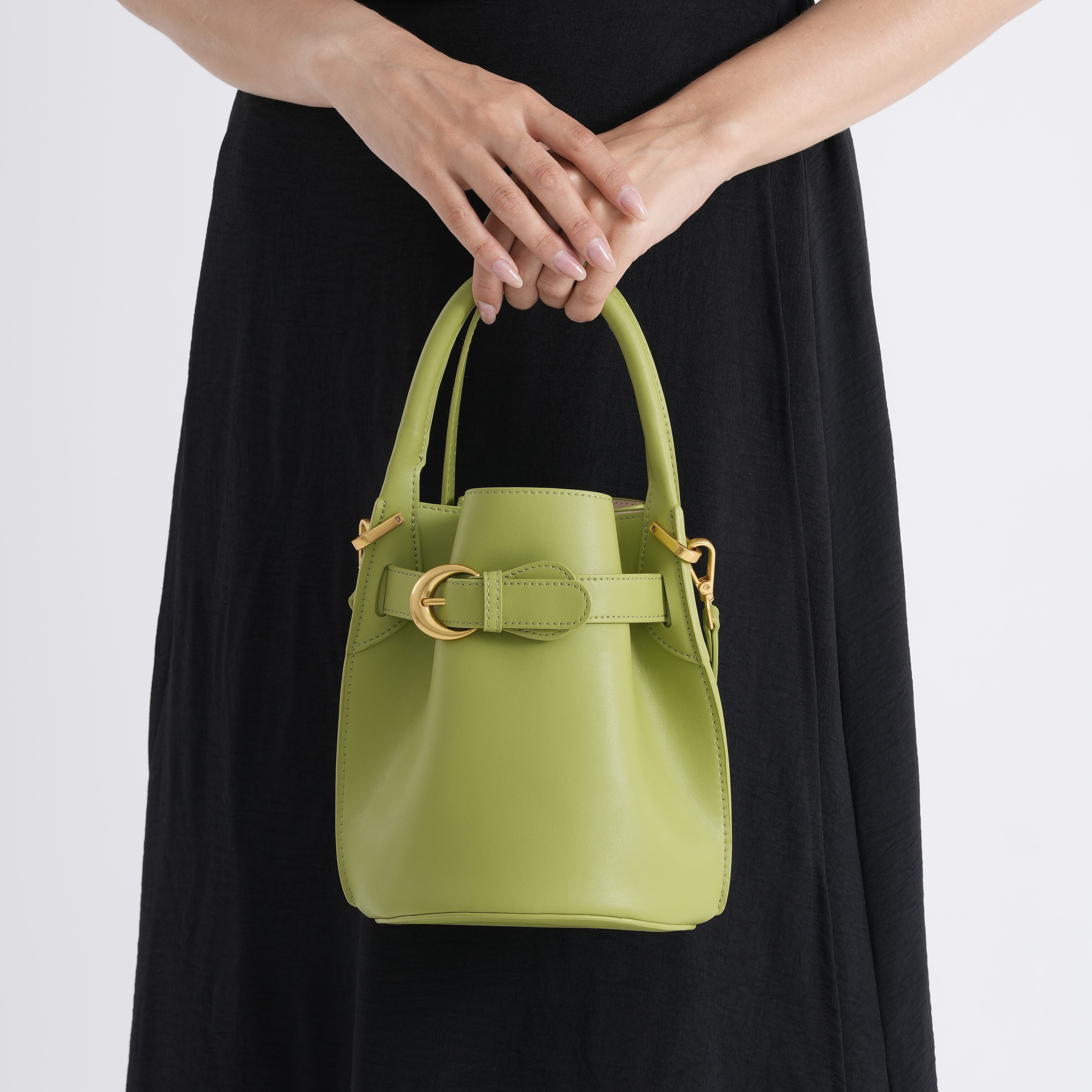 Designer Inspired Genuine Leather Bucket Bag with Internal Drawstring Pouch & Shoulder Strap - Green