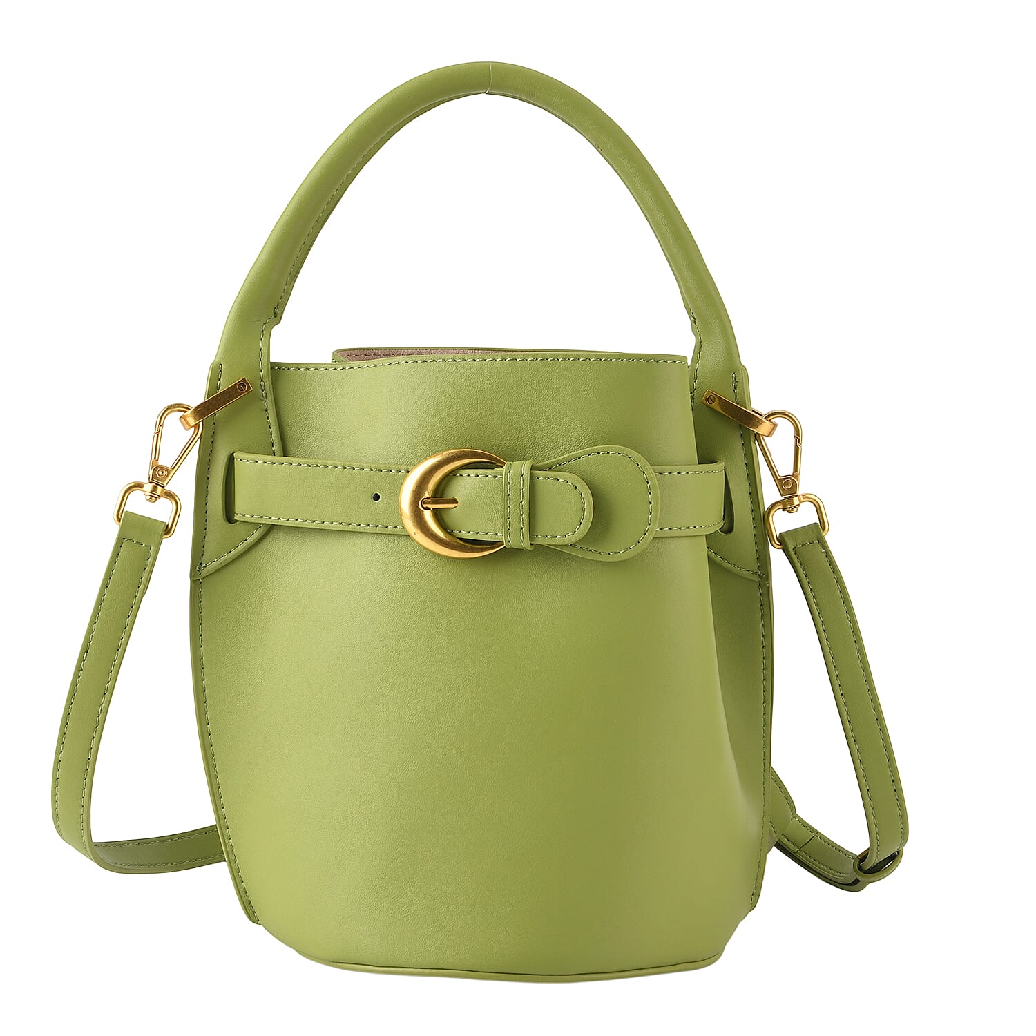 Designer Inspired Genuine Leather Bucket Bag with Internal Drawstring Pouch & Shoulder Strap - Green