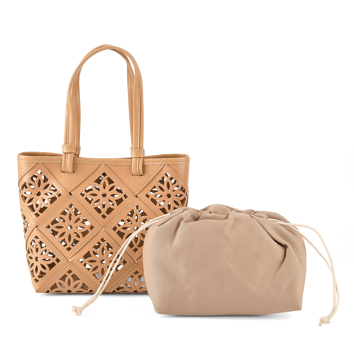 Genuine Leather Laser-Cut Tote Bag with Drawstring Pouch - Almond