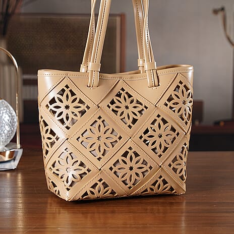 Inspired By Hawa Mahal- 100% Genuine Leather  Tote Bag with Drawstring Pouch - Almond