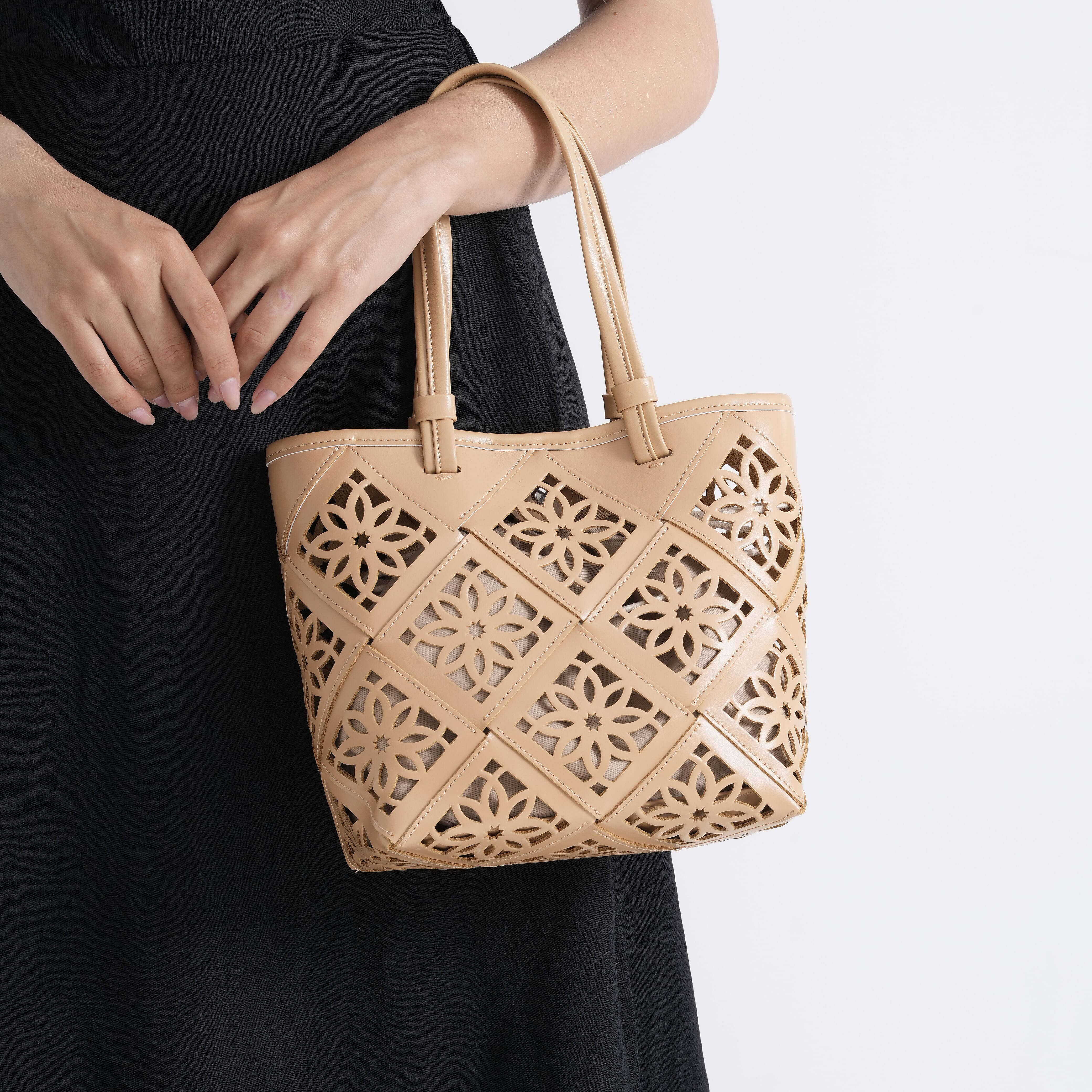 Genuine Leather Laser-Cut Tote Bag with Drawstring Pouch - Almond