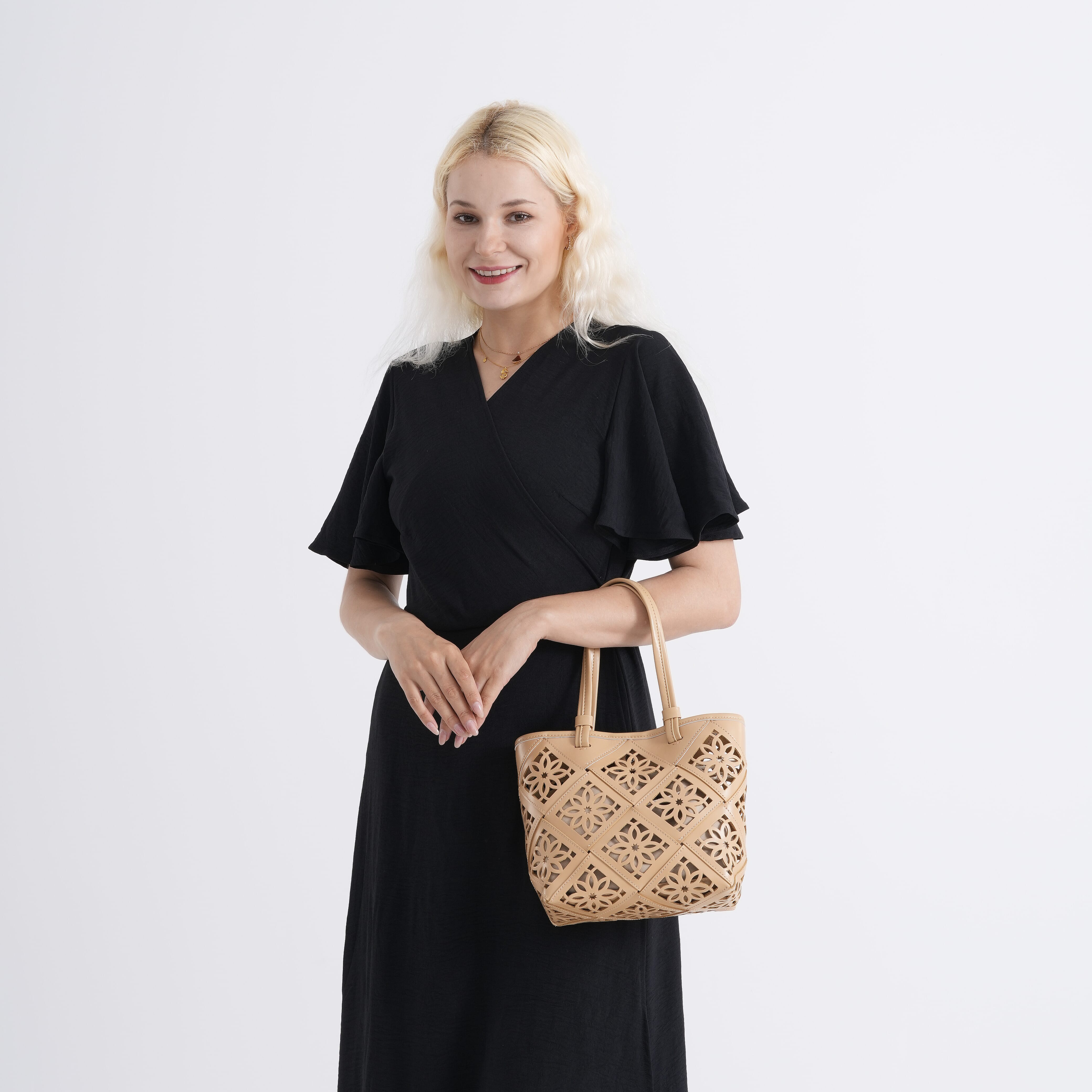 Genuine Leather Laser-Cut Tote Bag with Drawstring Pouch - Almond