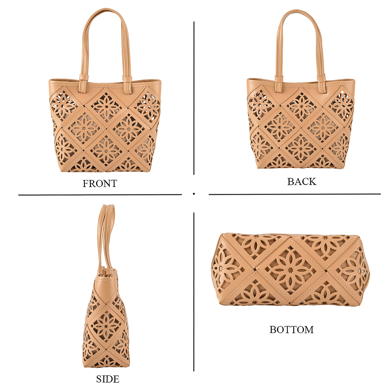 Genuine Leather Laser-Cut Tote Bag with Drawstring Pouch - Almond