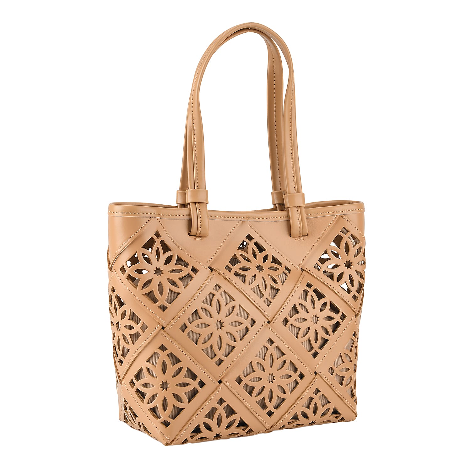 Genuine Leather Laser-Cut Tote Bag with Drawstring Pouch - Almond