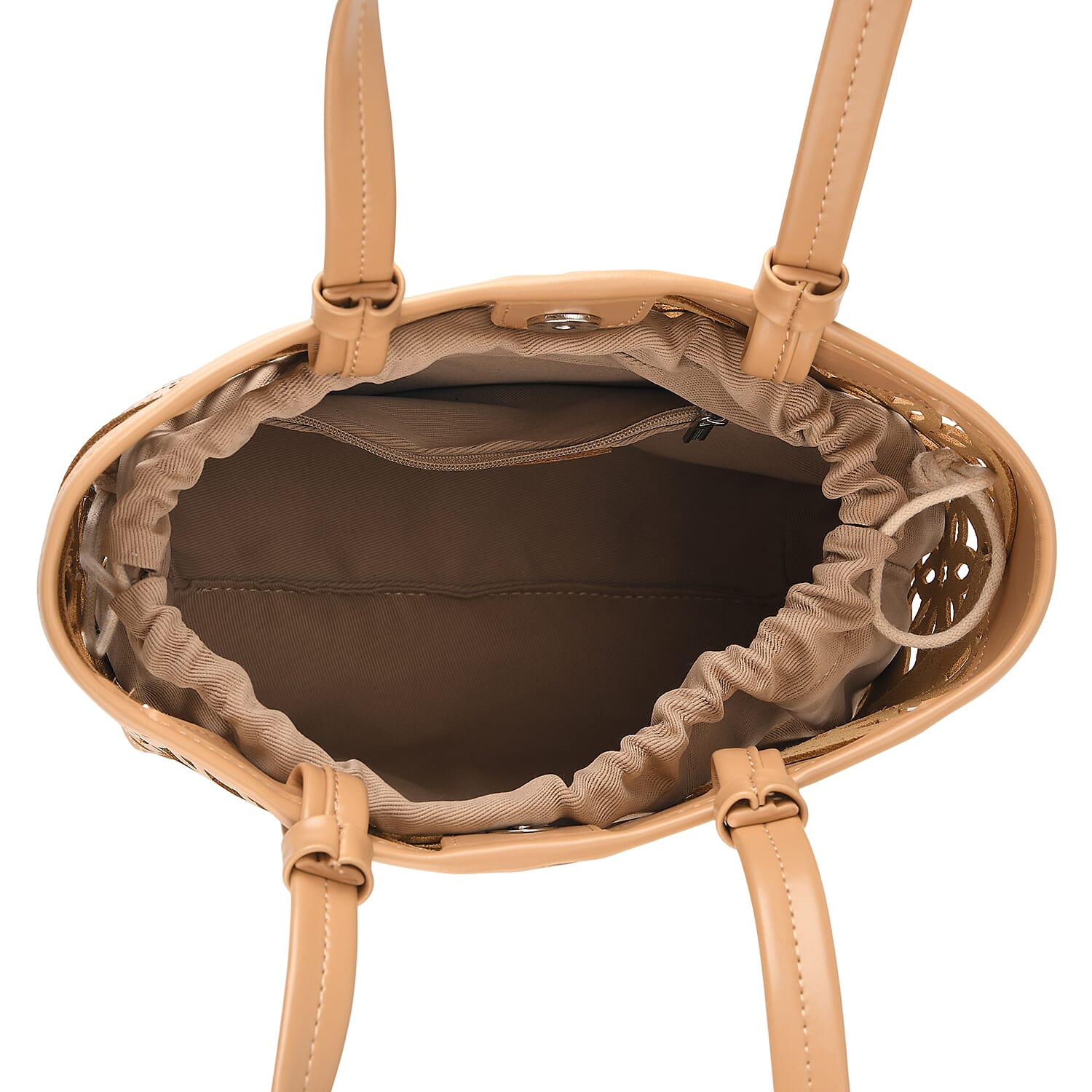 Genuine Leather Laser-Cut Tote Bag with Drawstring Pouch - Almond