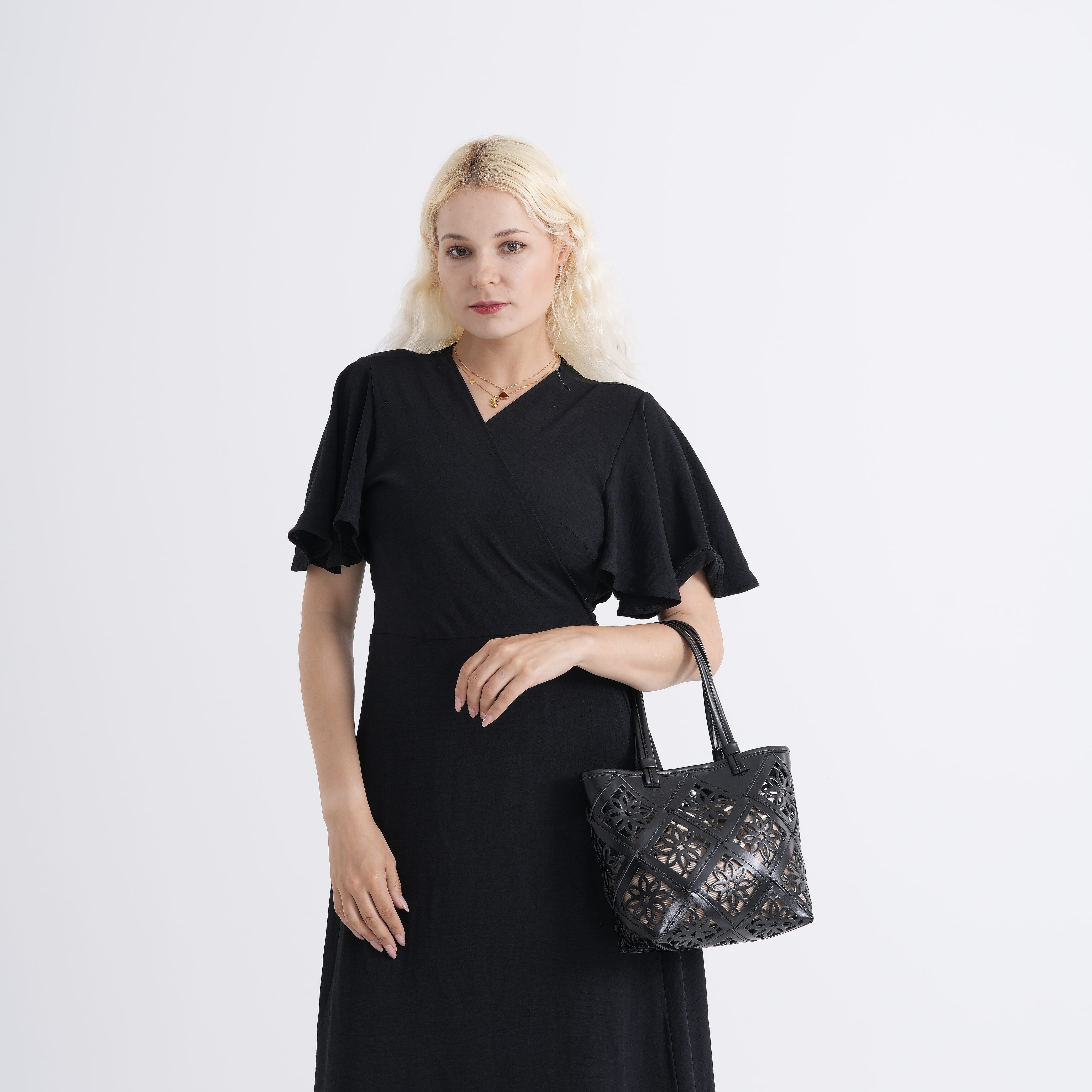 Leather Patterned Tote Bag (Size 21x11x21 cm) - Black