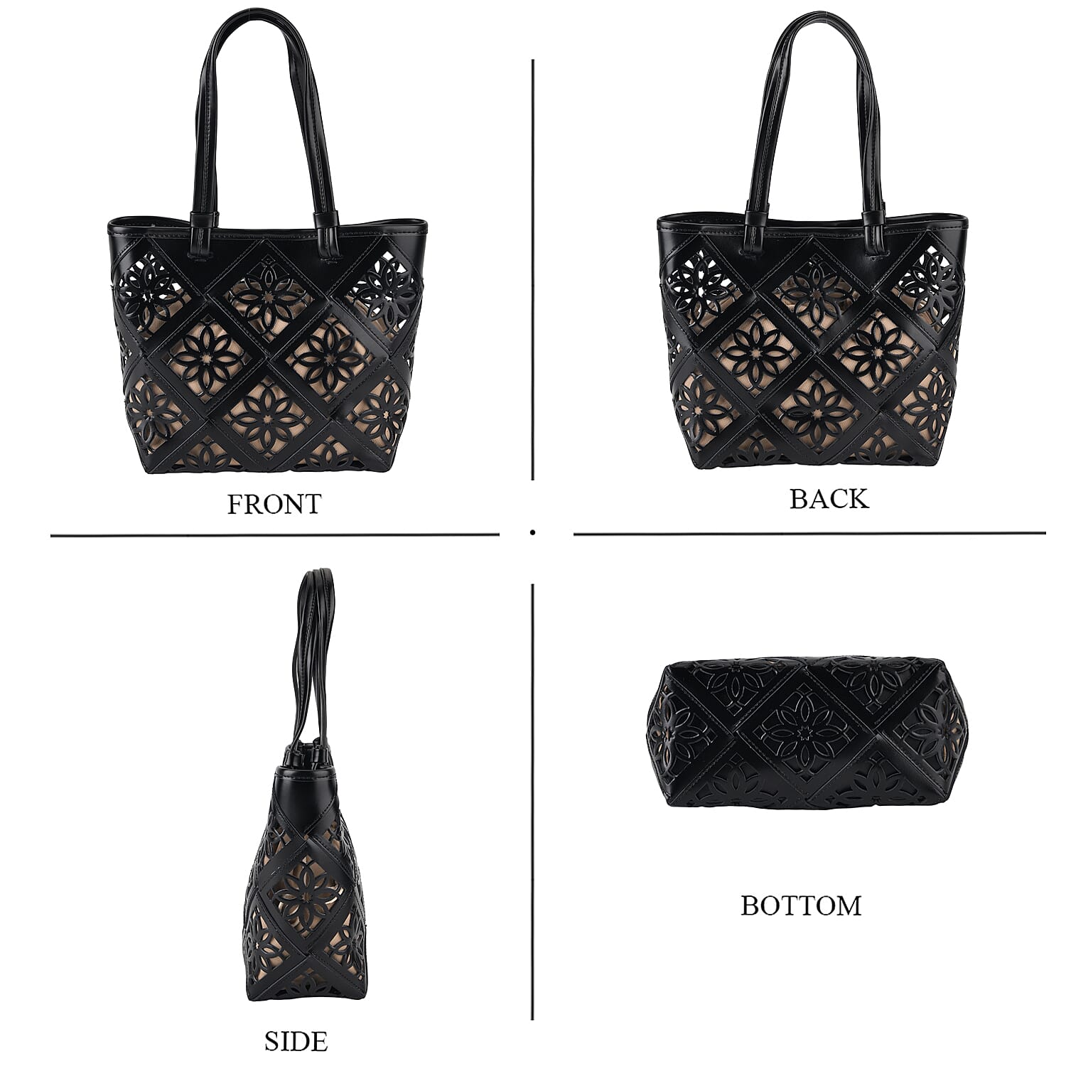 Leather Patterned Tote Bag (Size 21x11x21 cm) - Black