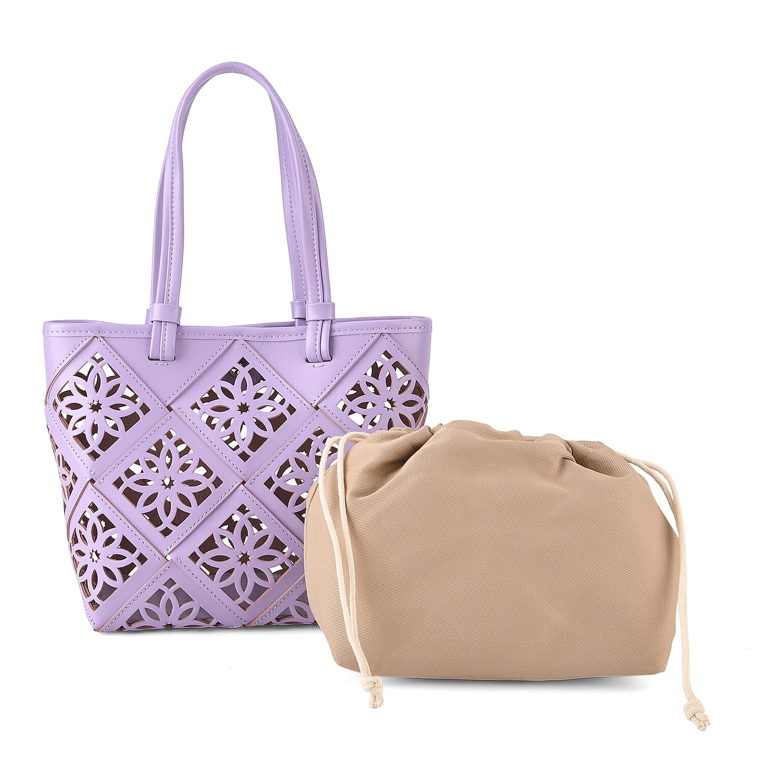 Genuine Leather Laser-Cut Tote Bag with Drawstring Pouch - Lilac