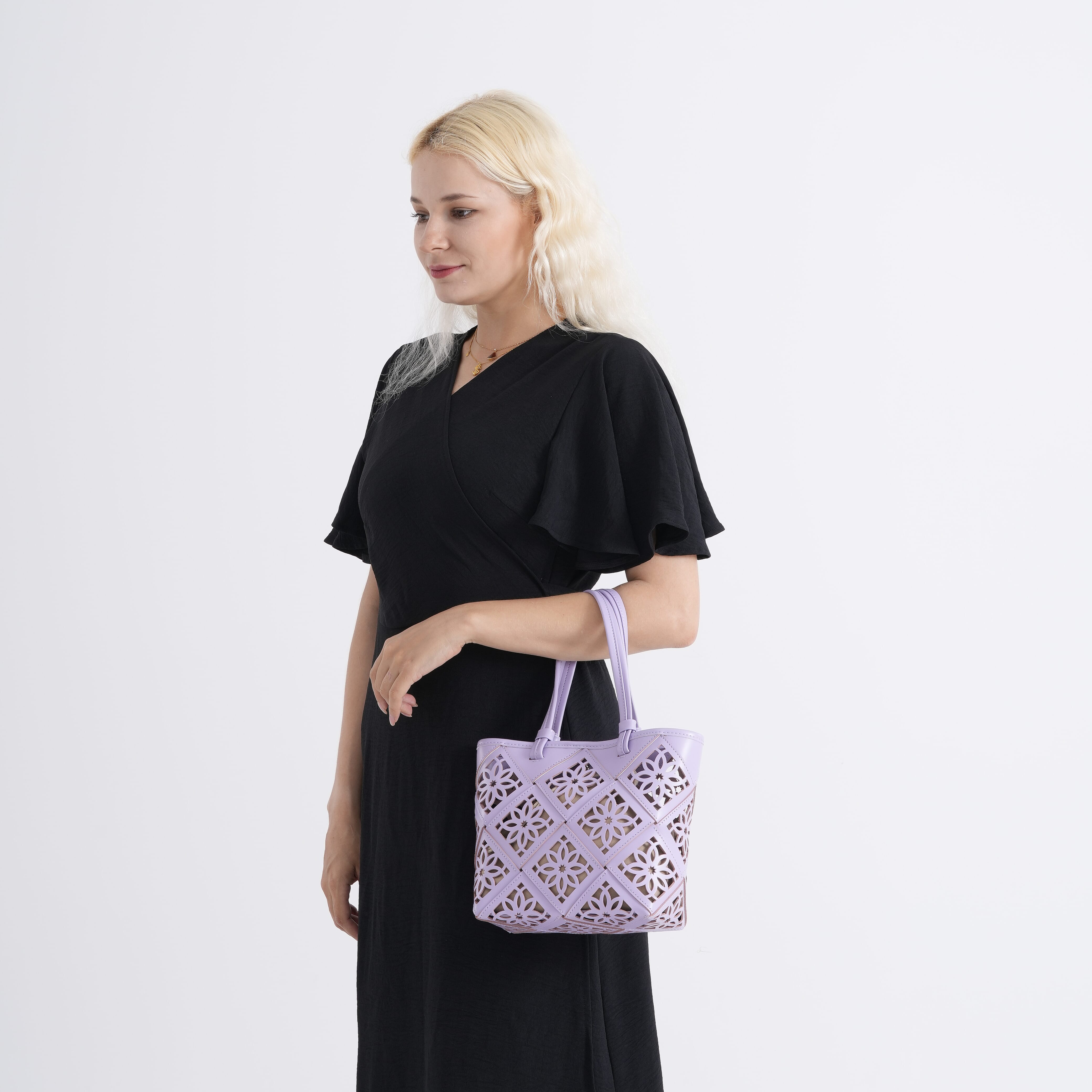 Genuine Leather Laser-Cut Tote Bag with Drawstring Pouch - Lilac