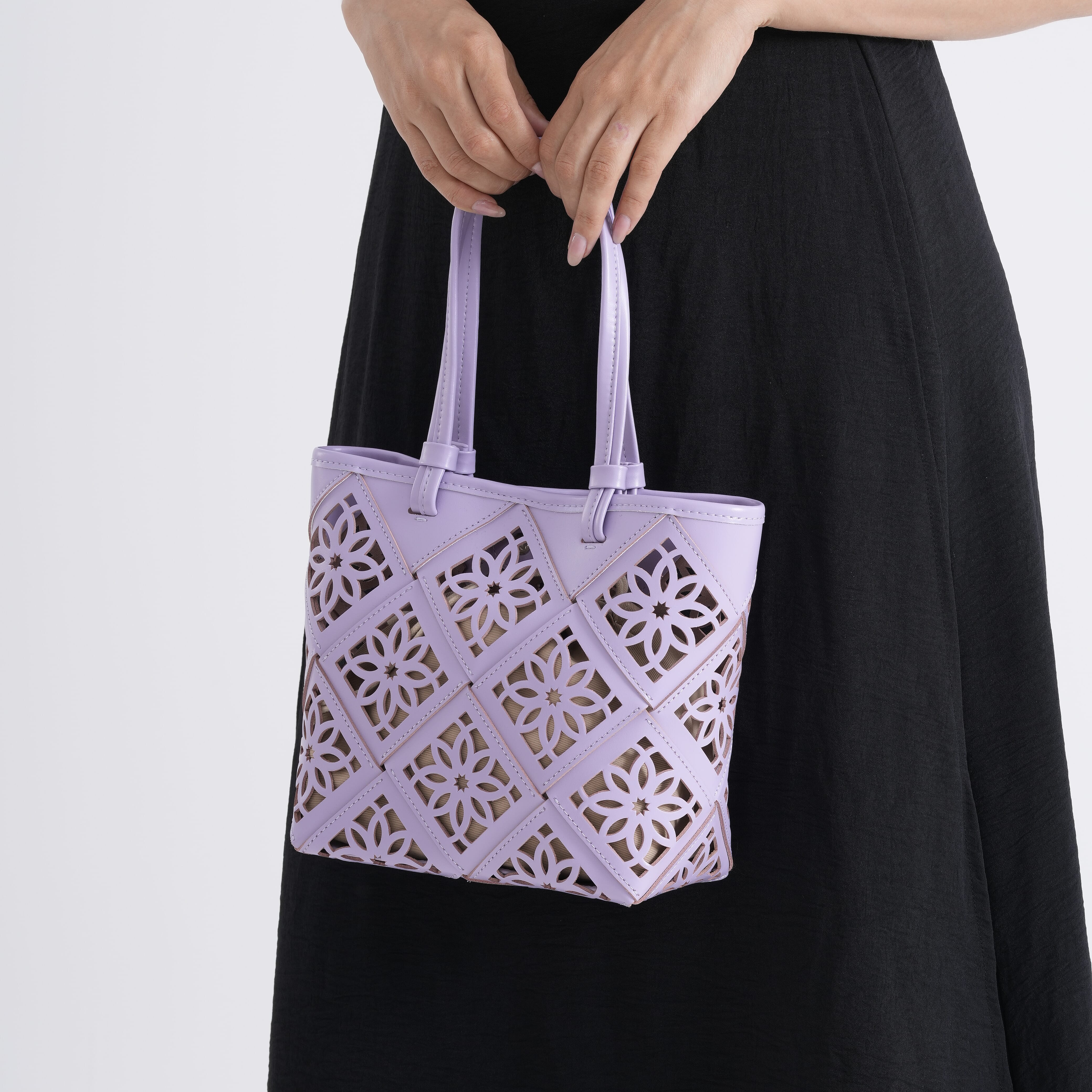 Genuine Leather Laser-Cut Tote Bag with Drawstring Pouch - Lilac