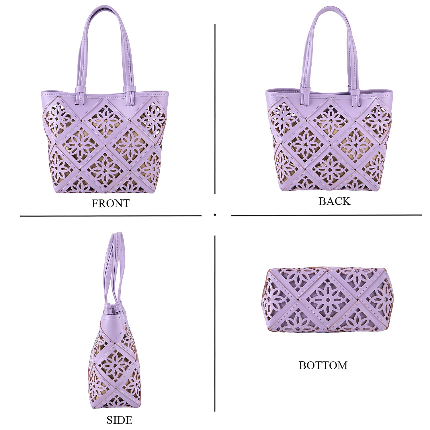 Genuine Leather Laser-Cut Tote Bag with Drawstring Pouch - Lilac