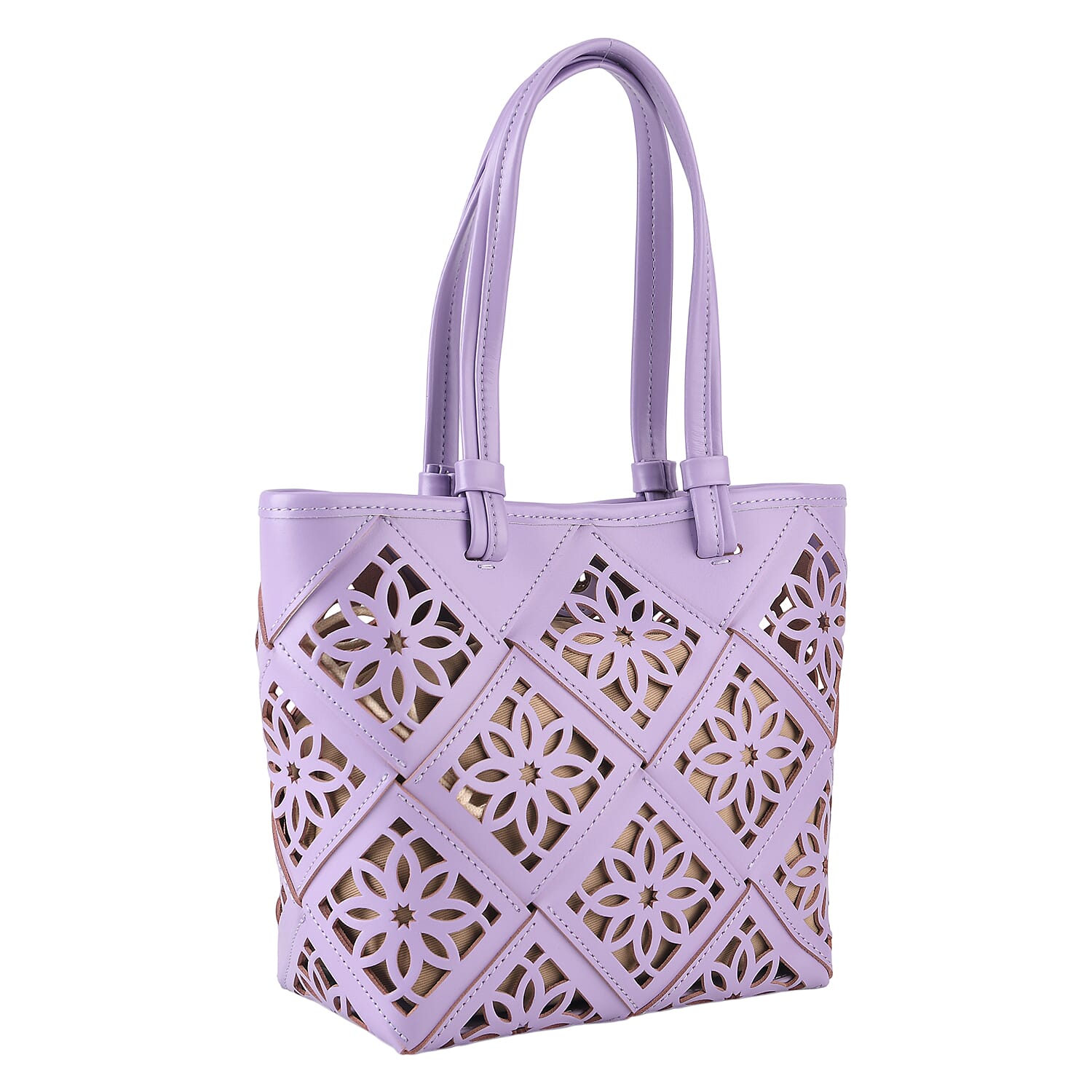 Genuine Leather Laser-Cut Tote Bag with Drawstring Pouch - Lilac