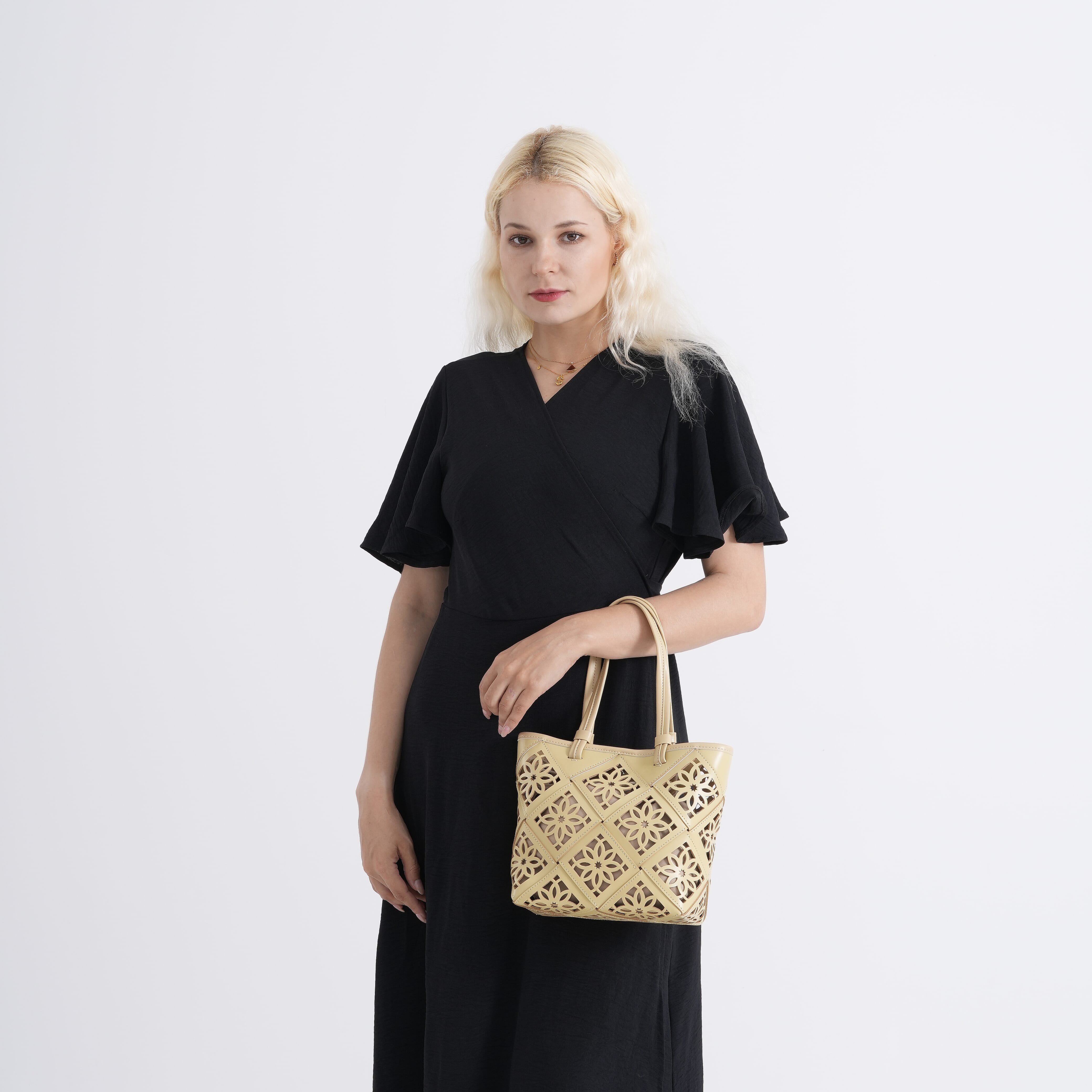 Leather Patterned Tote Bag (Size 21x11x21 cm) - Apricot