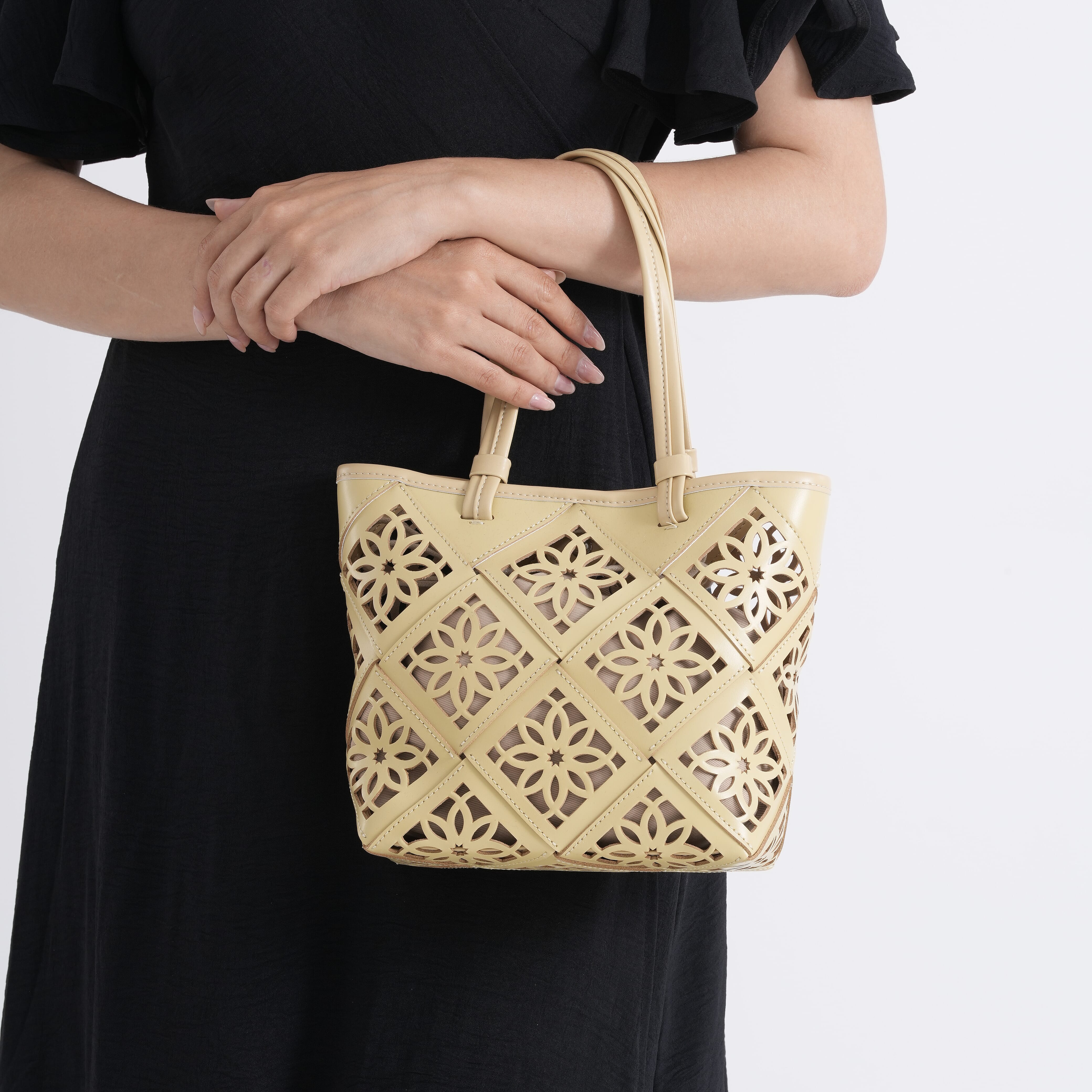 Leather Patterned Tote Bag (Size 21x11x21 cm) - Apricot