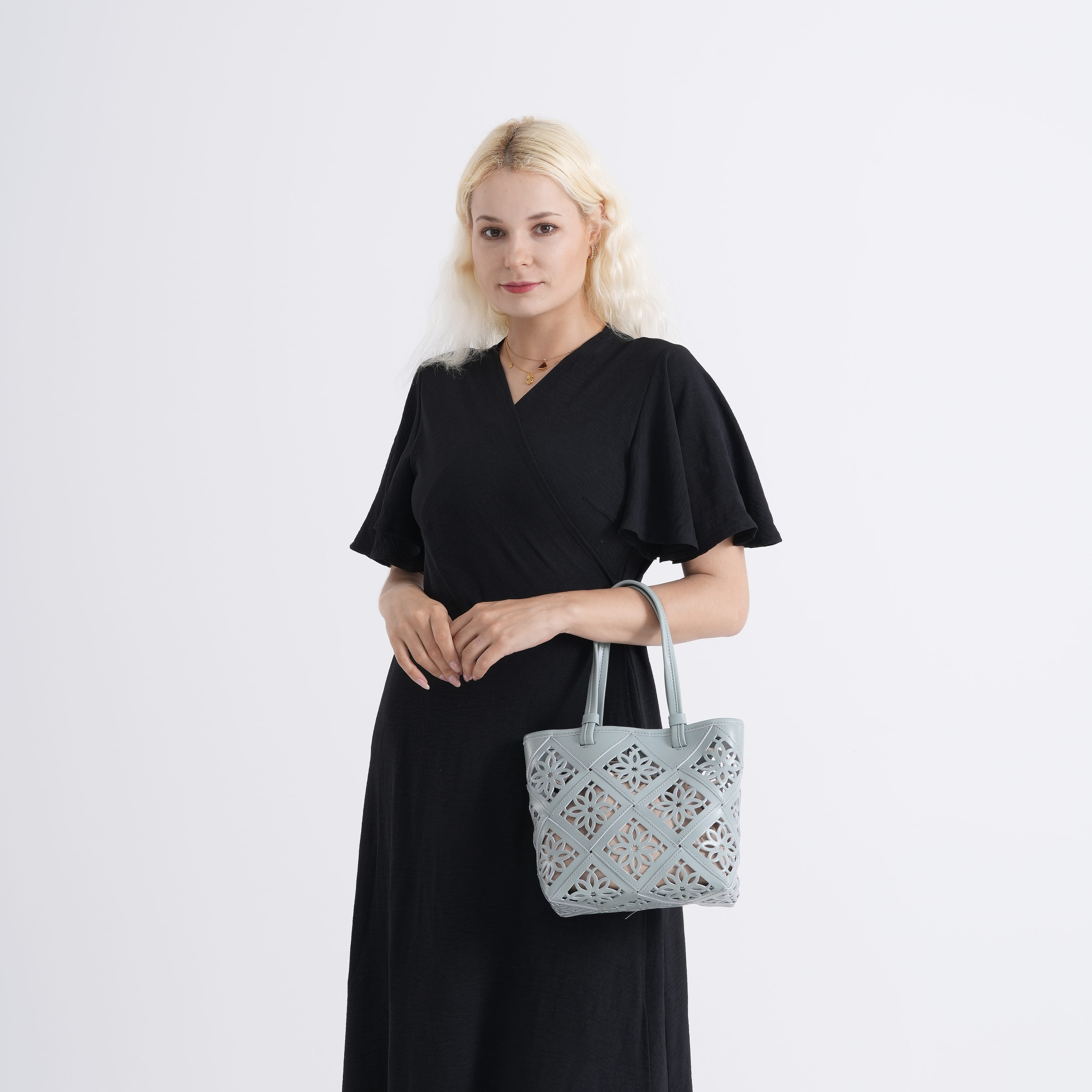 Leather Patterned Tote Bag (Size 21x11x21 cm) - Light Blue